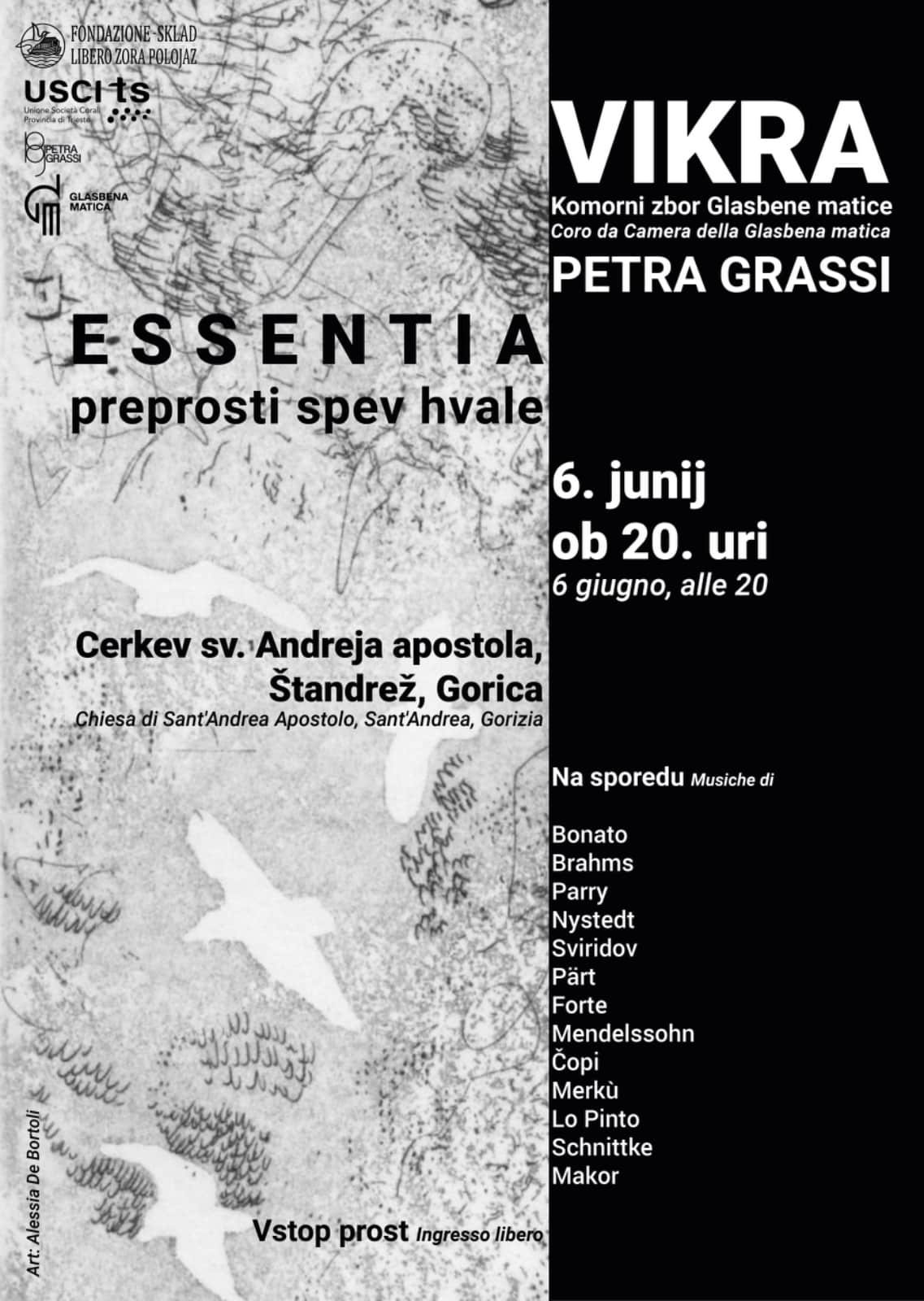 Black and white poster for event: ESSENTIA - preprosti spev hvale (6 June 2026)