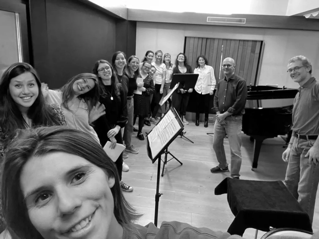 Vikra choir members in the recording studio in Brera